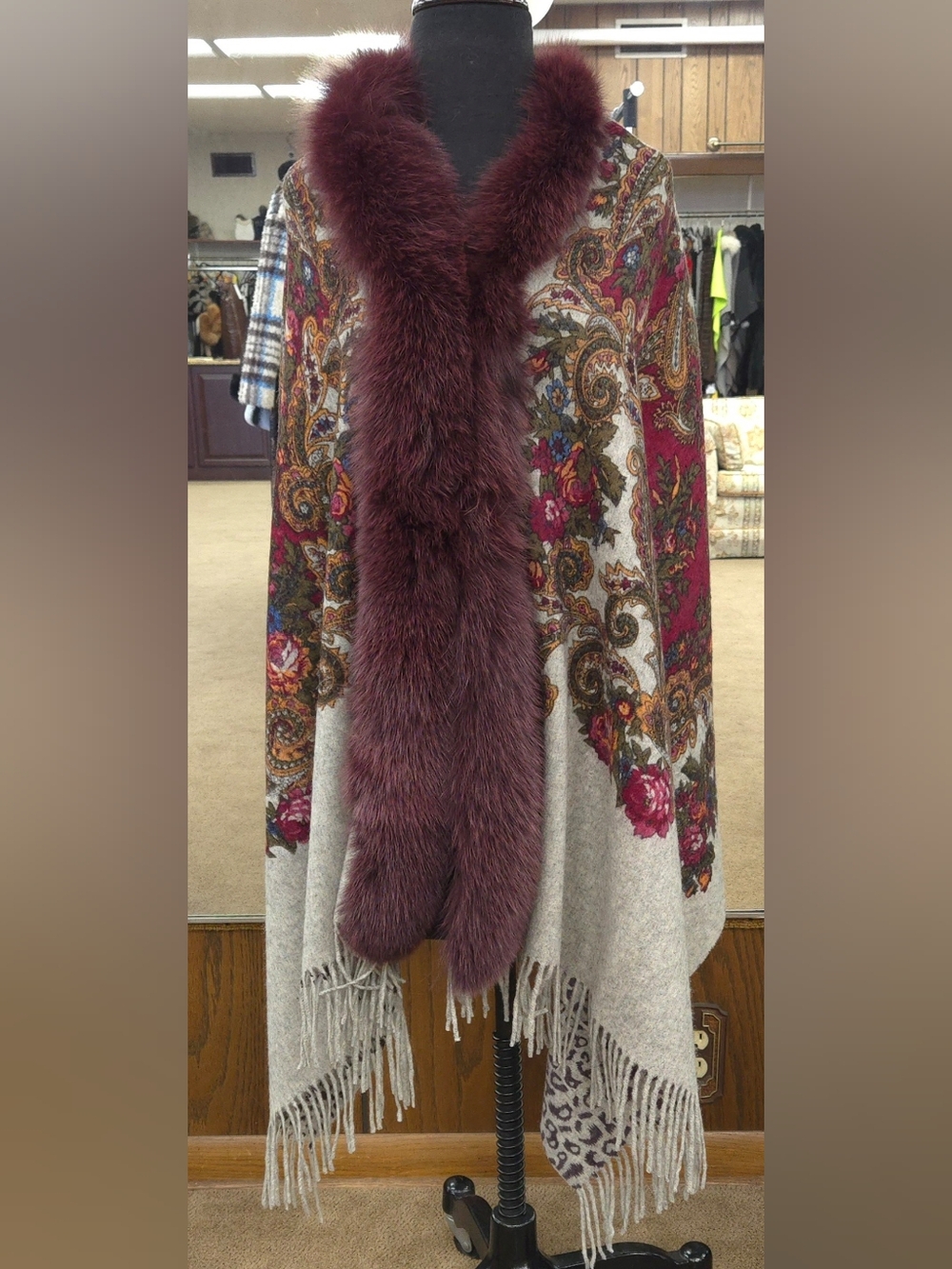 Paisley Cashmere Blend Wrap with Fox Fur Trim